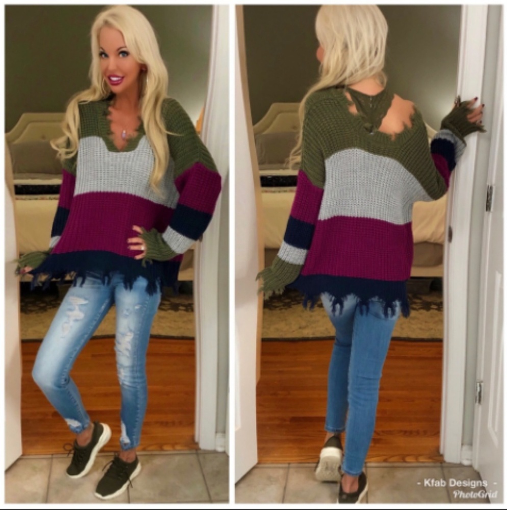 DISTRESSED COLOR BLOCK SWEATER - Picture 1 of 8